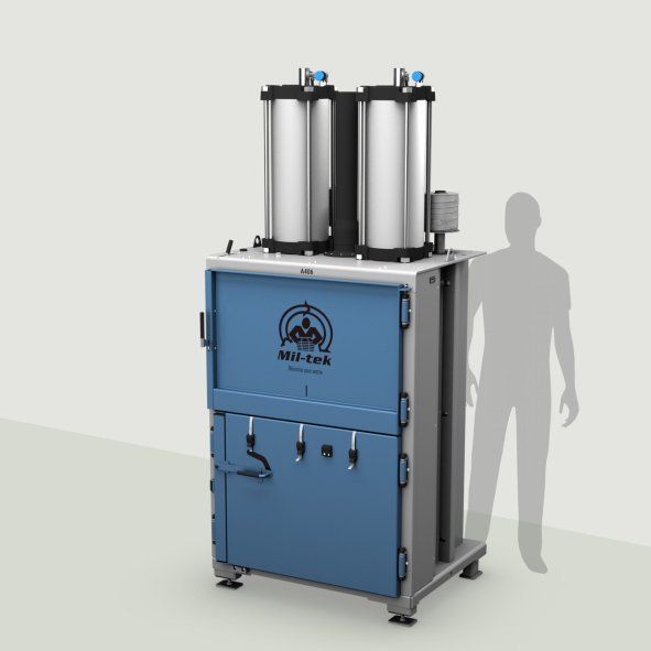 A406-2026-edition - cardboard baler & plastic baler - blue machine - grey background - Mil-tek Offshore
